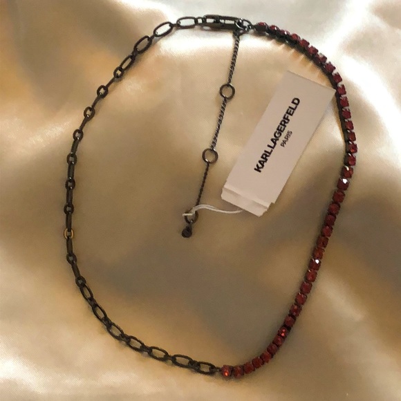 Karl Lagerfeld Hematite Tone Link & Rose Crystal Cup Chain Collar Necklace NWT - Picture 5 of 13